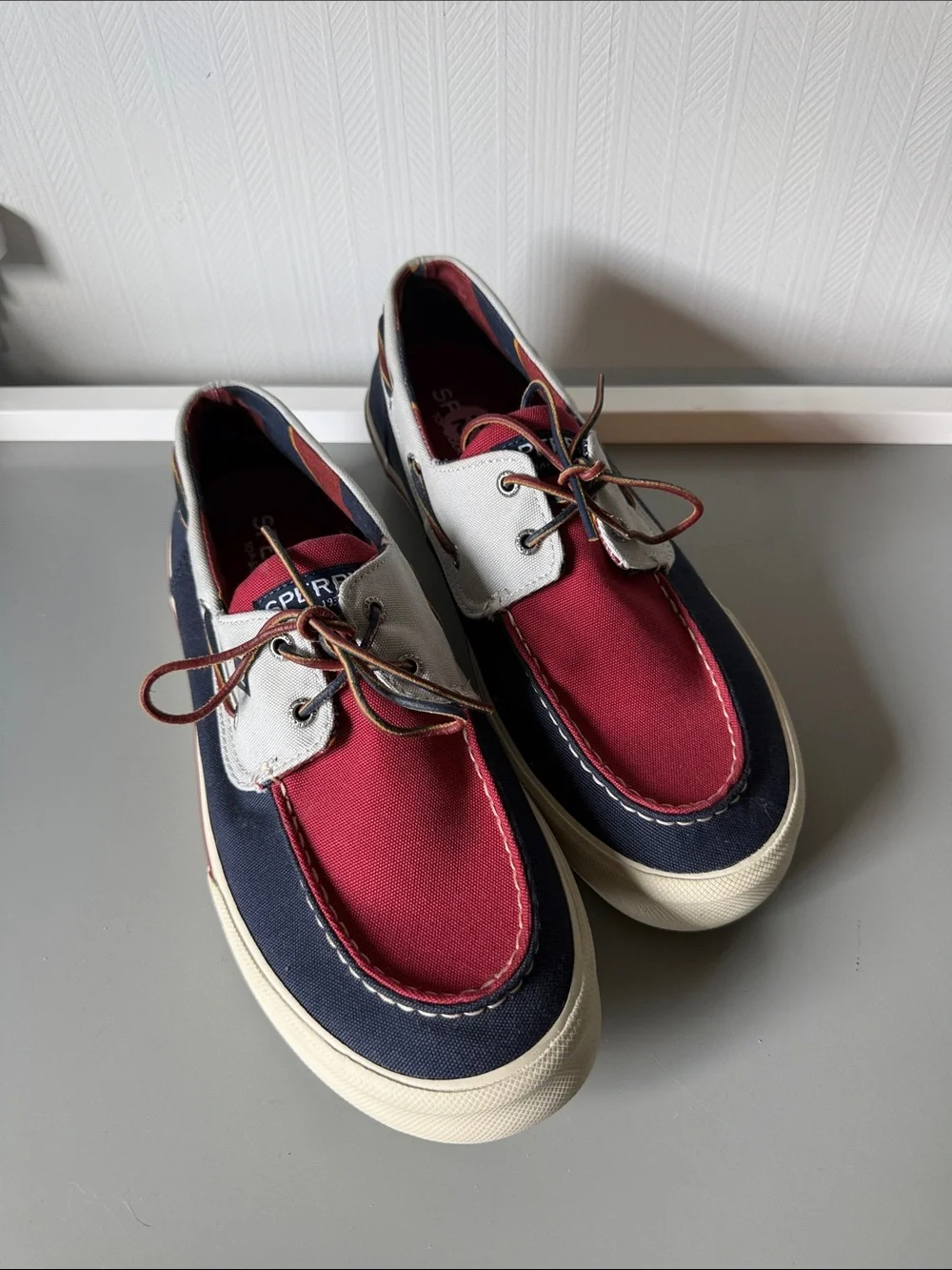 Sperry Men’s Tricolor Canvas Boat Shoes — Red, Navy & White size 12